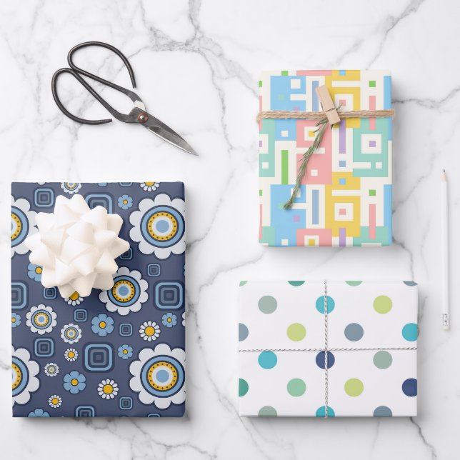 Hoja De Papel De Regalo Flores, Resúmenes Y Lunares (Anverso)