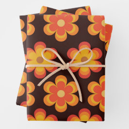 Hoja De Papel De Regalo Flores retro de los 70 en patrón naranja amarillo 