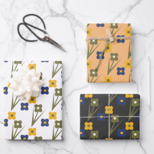 Hoja De Papel De Regalo Flores retro Patrón de jardín azul amarillo