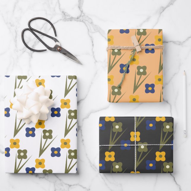 Hoja De Papel De Regalo Flores retro Patrón de jardín azul amarillo (Anverso)