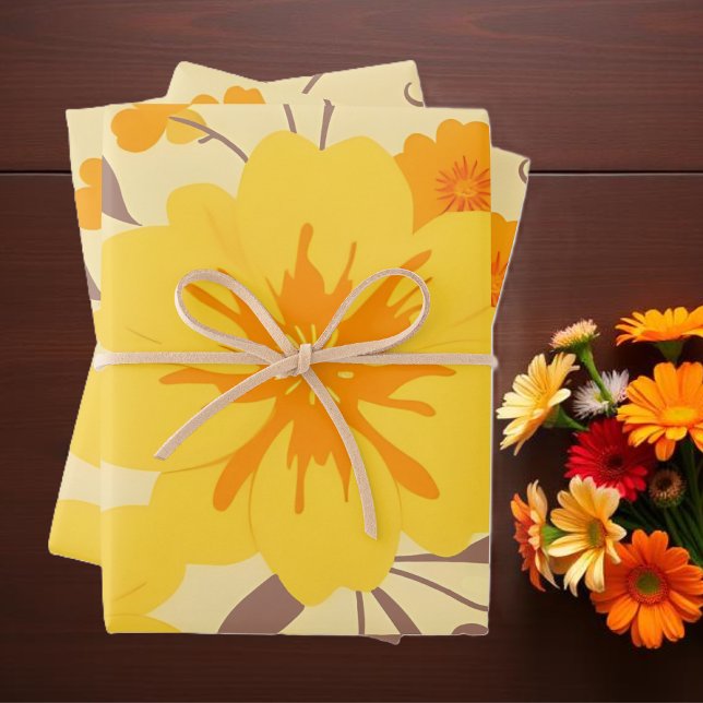 Hoja De Papel De Regalo Flores Retro Sunshine con motivos florales amarill (Retro Sunshine Flowers-Yellow Floral Pattern Wrapping Paper Sheets )