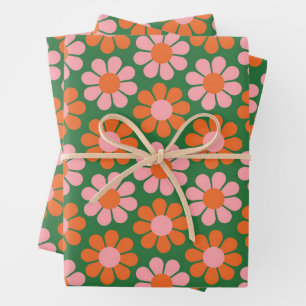 Hoja De Papel De Regalo Flores Retro Verde Naranja Rosa Cute