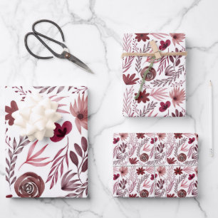 Hoja De Papel De Regalo Flores Rojas Borgoñonas De Estilo Floral