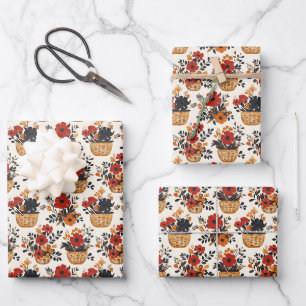 Hoja De Papel De Regalo Flores rojas/negras/Naranjas en cestas