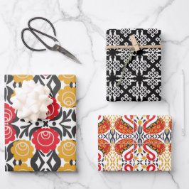 Hoja De Papel De Regalo Flores rojas negras y pájaros rusos geométricos