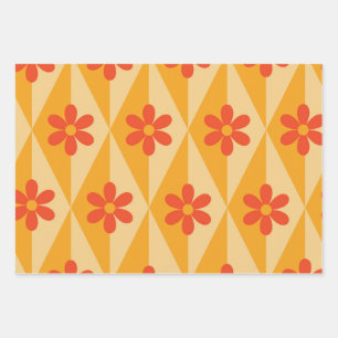 Hoja De Papel De Regalo Flores rojas retro sobre diamantes vintage naranja