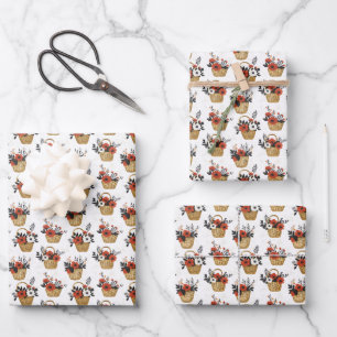 Hoja De Papel De Regalo Flores rojas y blancas en cestas de blanco