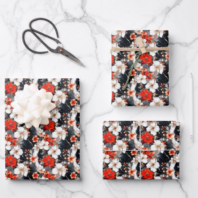 Hoja De Papel De Regalo Flores rojas y blancas sobre mármol (Anverso)