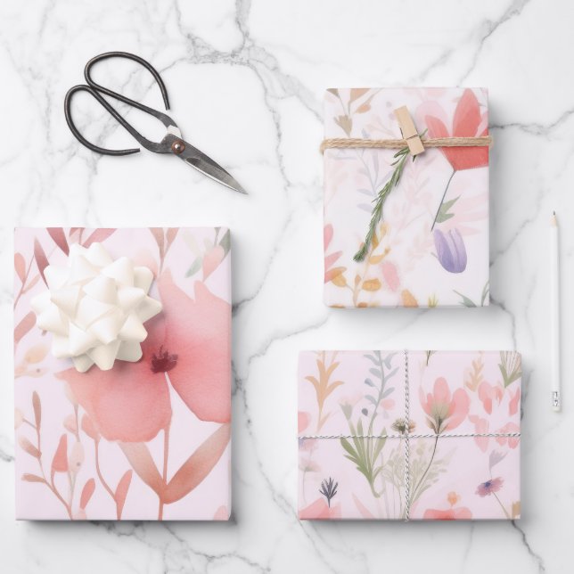 Hoja De Papel De Regalo Flores rosa acuarelas (Anverso)