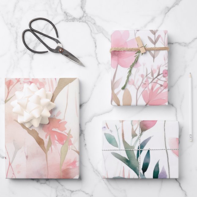 Hoja De Papel De Regalo Flores rosa acuarelas (Anverso)
