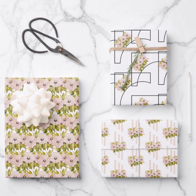 Hoja De Papel De Regalo Flores rosa anémónicas acuáticas pintadas a mano (Anverso)