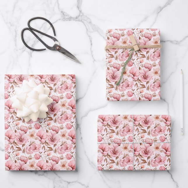 Hoja De Papel De Regalo Flores rosadas polvorientas sobre blanco (Anverso)