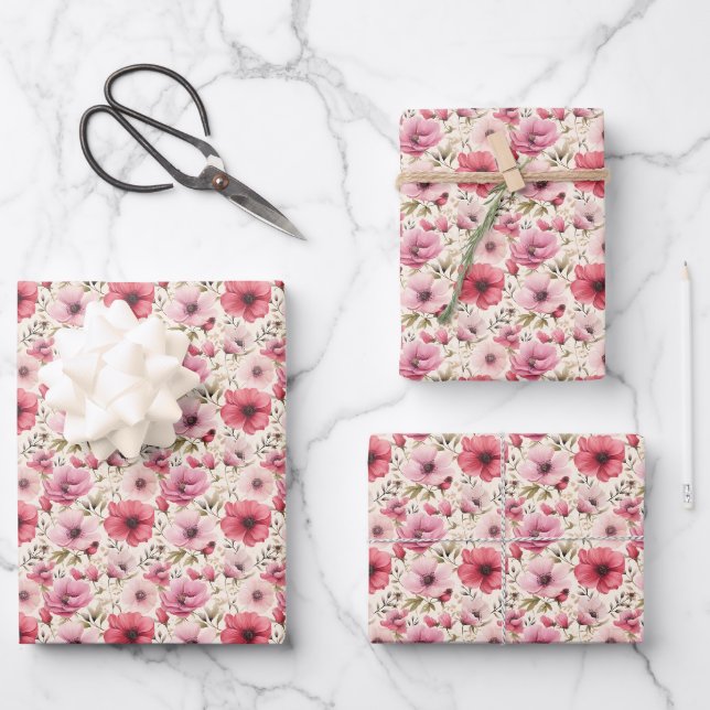 Hoja De Papel De Regalo Flores rosadas sobre marfil (Anverso)