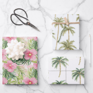 Hoja De Papel De Regalo Flores rosadas tropicales Boda de palmeras de oro