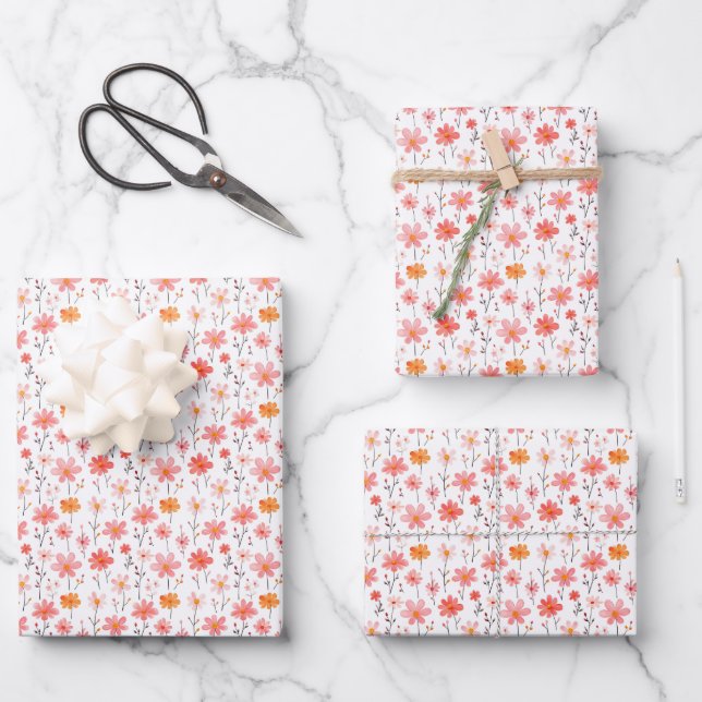 Hoja De Papel De Regalo Flores rosadas y naranjas sobre blanco (Anverso)