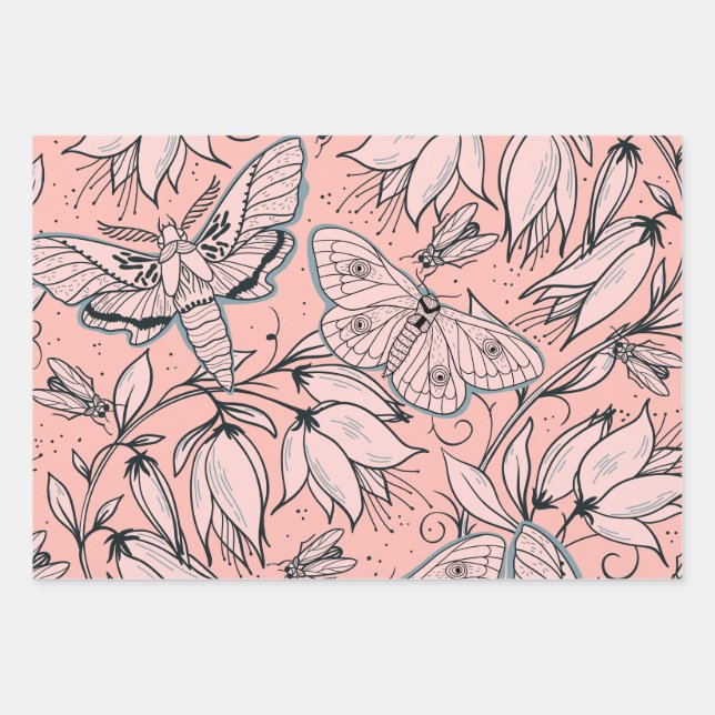 Hoja De Papel De Regalo Flores rosas y bugs abstractos de época (Anverso)