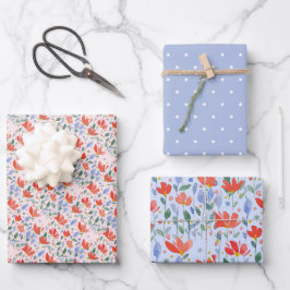 Hoja De Papel De Regalo Flores Silvestres Acuarela En Rojo Y Azul Dulce
