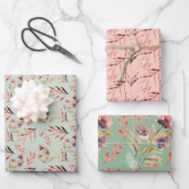 Hoja De Papel De Regalo Flores silvestres acuarela rojo rosa verde boho