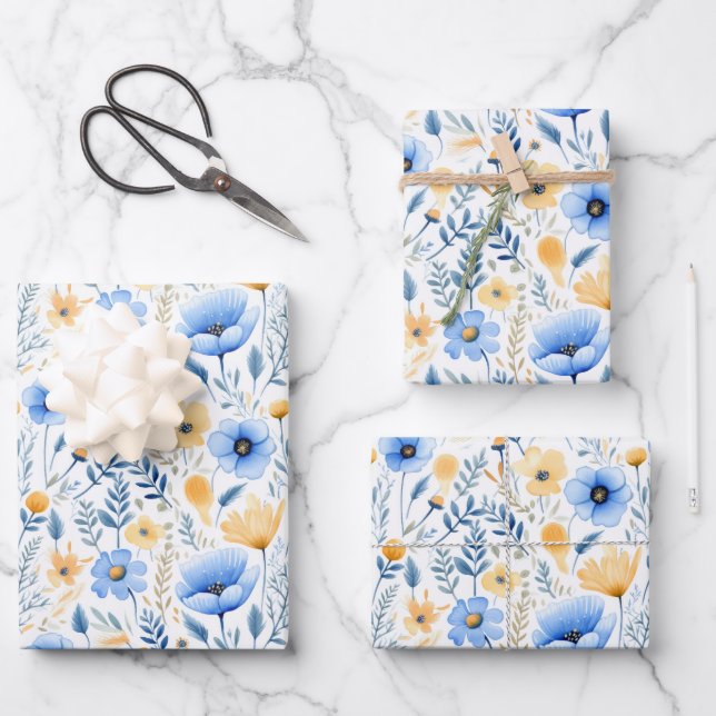 Hoja De Papel De Regalo Flores Silvestres Azules Amarillas Baby Shower Boh (Anverso)