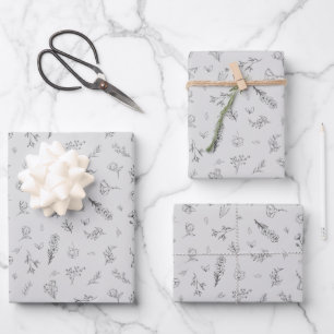 Hoja De Papel De Regalo Flores silvestres bosquejadas sobre gris claro