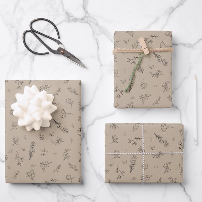 Hoja De Papel De Regalo Flores silvestres bosquejadas sobre marrón claro (Anverso)