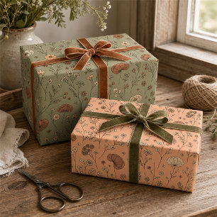 Hoja De Papel De Regalo Flores silvestres botánicas melocotón y verde salv