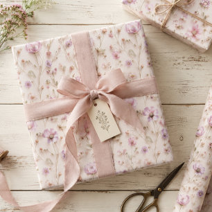 Hoja De Papel De Regalo Flores silvestres prensadas en rosa pastel con efe