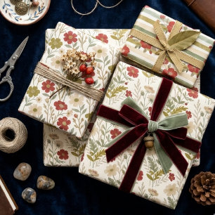 Hoja De Papel De Regalo Flores Silvestres Vibrantes Verdes y Rojos Acuarel
