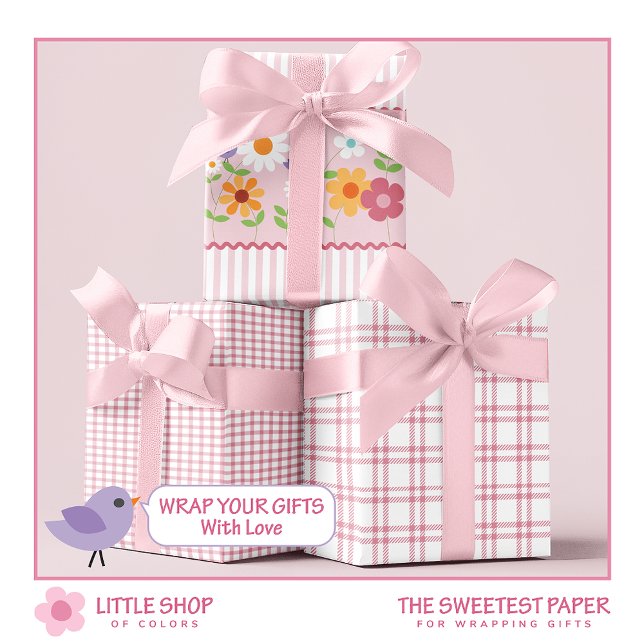 Hoja De Papel De Regalo Flores silvestres y rayas rosadas Cumpleaños (Subido por el creador)
