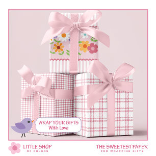 Hoja De Papel De Regalo Flores silvestres y rayas rosadas de cumpleaños
