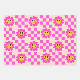 Hoja De Papel De Regalo Flores sonrientes de color rosa intenso a cuadros