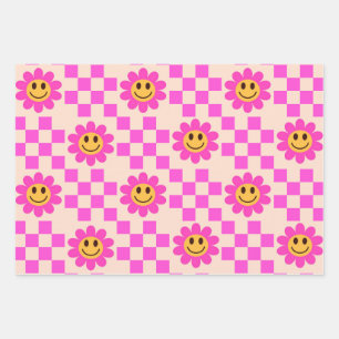 Hoja De Papel De Regalo Flores sonrientes rosadas calientes con cuadrados