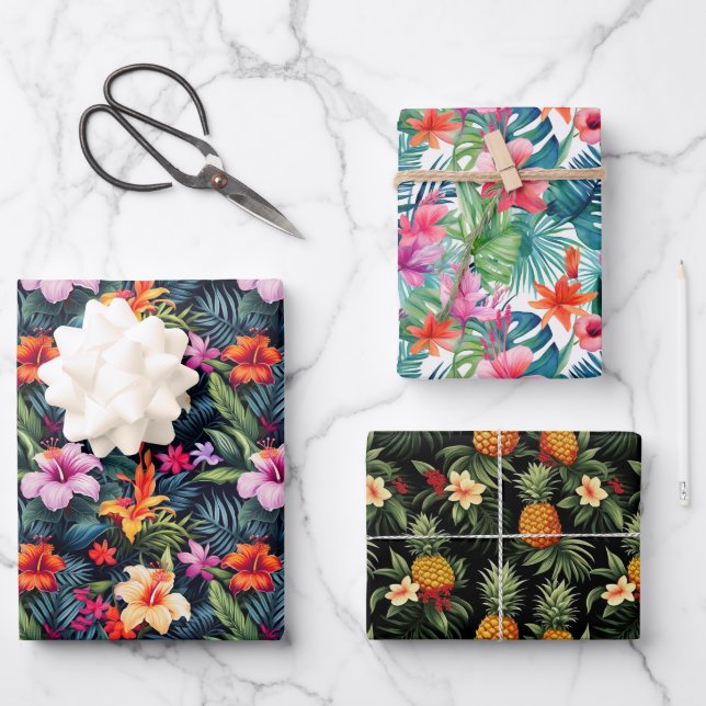 Hoja De Papel De Regalo Flores tropicales de verano dejan regalo de impres (Anverso)