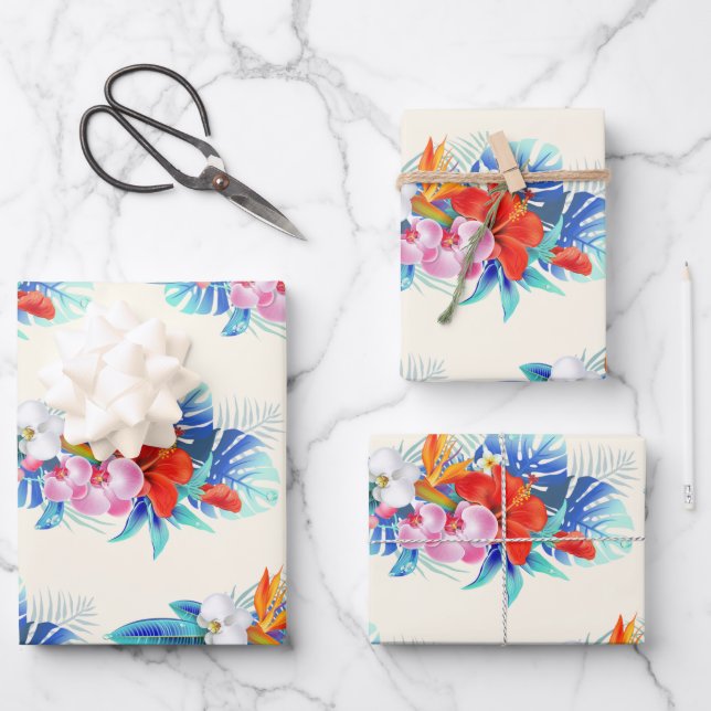 Hoja De Papel De Regalo Flores tropicales exóticas - rosa y acuamarina (Anverso)