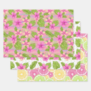 Hoja De Papel De Regalo Flores Tropicales Rosadas de Verano Limones Limas