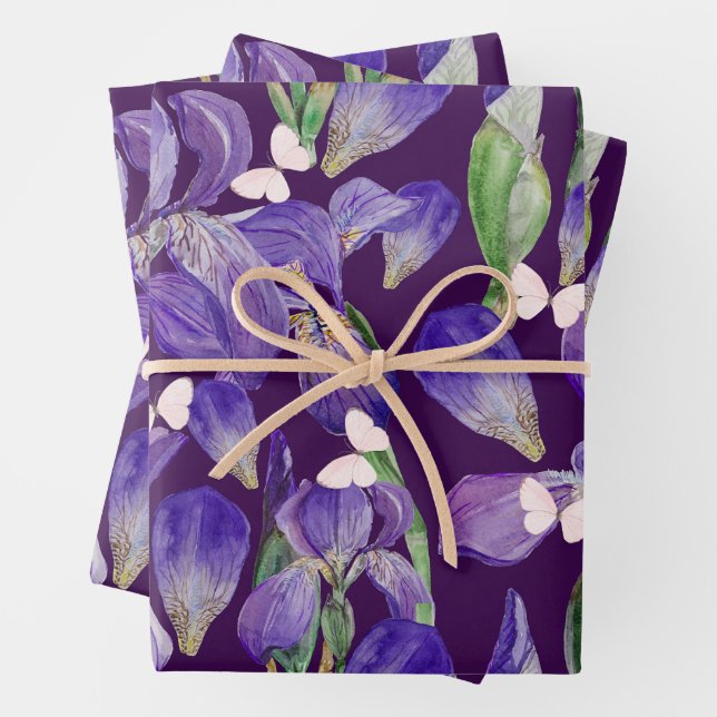 Hoja De Papel De Regalo Flores violentas de iris morado y mariposas (In situ)