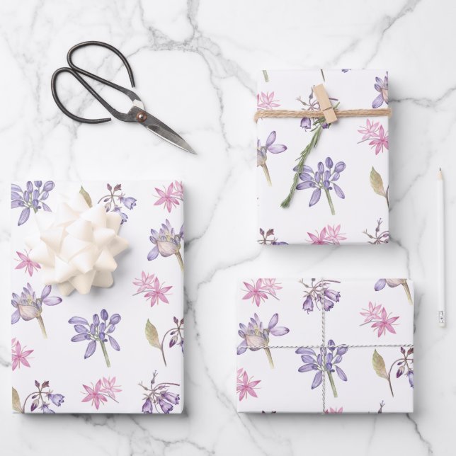 Hoja De Papel De Regalo Flores violetas, niñas, regalos de ducha, favor (Anverso)
