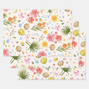 Hoja De Papel De Regalo Flores y conchas de la costa tropical dibujadas a 