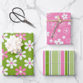 HOJA DE PAPEL DE REGALO FLORES Y FRANJAS DE BLANCO ROJO VERDE