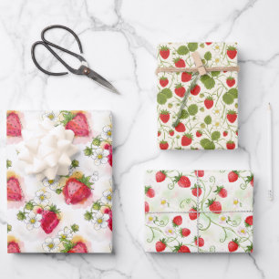 Hoja De Papel De Regalo Flores y Fresas de Fresa Tres Patrones