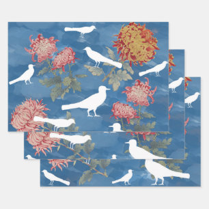 Hoja De Papel De Regalo Flores y pájaros de color azul