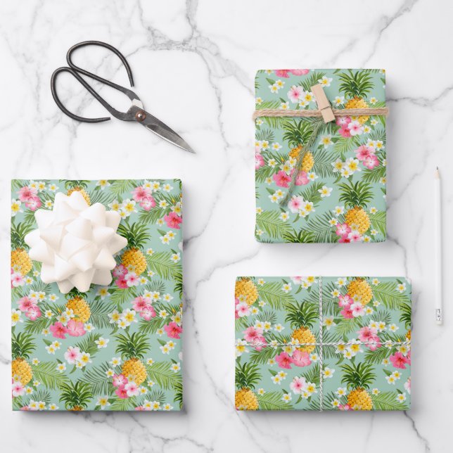 Hoja De Papel De Regalo Flores y piñas tropicales (Anverso)