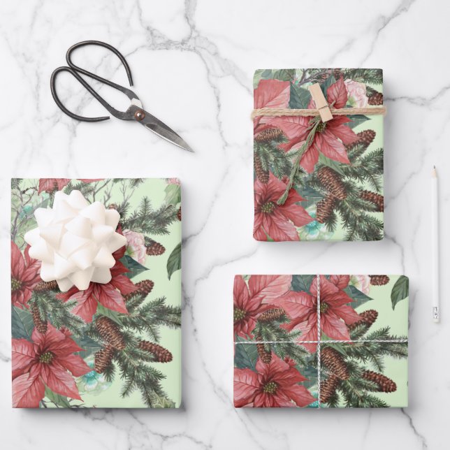 Hoja De Papel De Regalo Flores y pineconas de nochebuena navideña (Anverso)