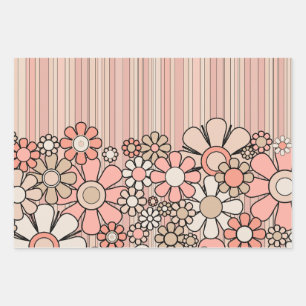 Hoja De Papel De Regalo Flores y rayas de color rosa retro de los años 60