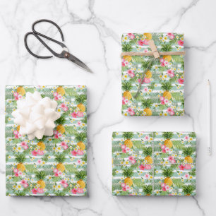 Hoja De Papel De Regalo Flores y rayas Verde azuladas de piña