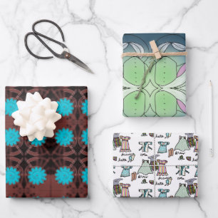 Hoja De Papel De Regalo flores y ropa divertidas, azul brillante y marrón