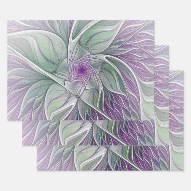 Hoja De Papel De Regalo Flower Dream, Abstract Purple Green Fractal Art (Set)