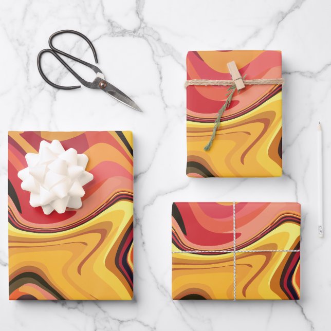 Hoja De Papel De Regalo Flujo de resumen amarillo, naranja y rojo vibrante (Anverso)