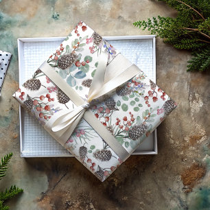 Hoja De Papel De Regalo Follaje festivo de Navidad en acuarela y bayas