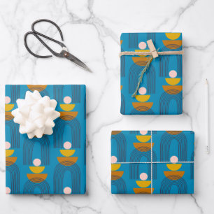 Hoja De Papel De Regalo Formas de línea de arco de boho en azul y amarill